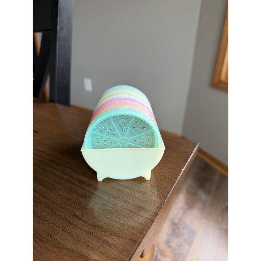 Vintage Tupperware Wagon Wheel Coaster Set Pastel Rainbow 6 Coasters with Caddy